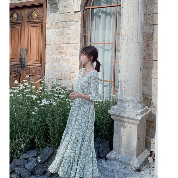 Váy Little daisy hè đuôi cá, tay xòe xuất xứ Quảng Châu mới thịnh hành voan cổ cao eo dài cổ tích nhỏ váy dài tươi mát