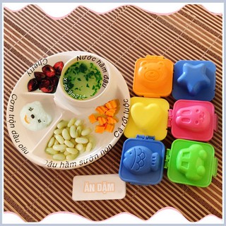 Dụng cụ ăn dặm ❤️HỮU ÍCH❤️ Combo: 1 Khay ăn dặm tròn 4 ngăn Inomata Nhật và Bộ 6 Khuôn ép cơm bento cho bé