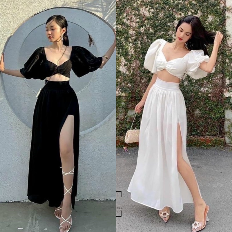 Set đầm maxi áo tay phồng trắng đen+chân váy dài xẻ đùi, thời trang đi biển du lịch sang trọng quý phái quyến rũ gợi cảm