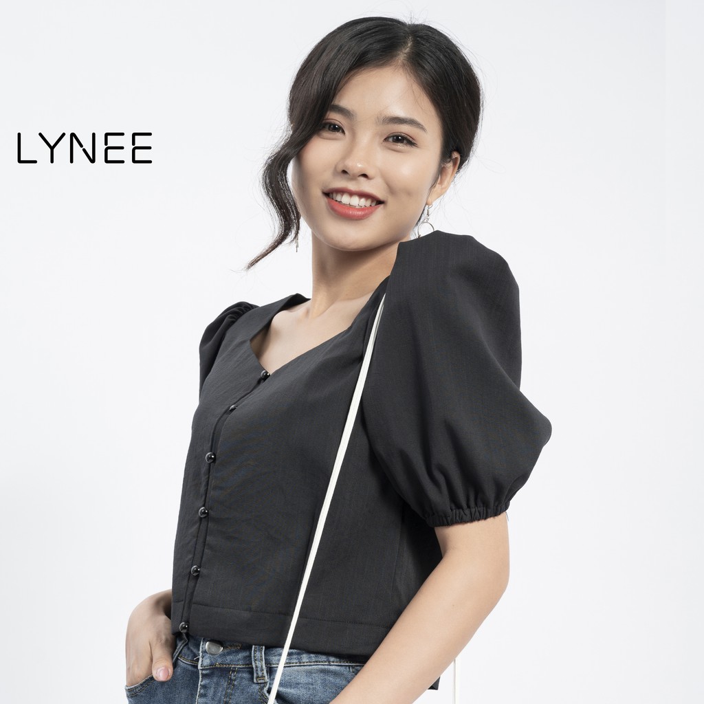 Áo croptop cổ v nữ tay bồng LYNEE mềm mát xinh dịu dàng CT02