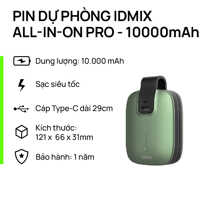 Pin sạc dự phòng IDMIX All in on Pro thiết kế gọn nhẹ, dung lượng 10.000 mAh, dây cáp Type-C có sẵn dài 29cm, cổng Type