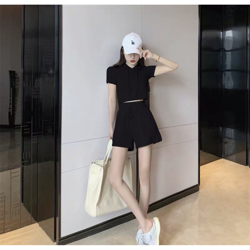 SET ÁO HOODIE CROPTOP MIX QUẦN ĐÙI TÍM ĐEN XÁM ULZZANG - BỘ THỂ THAO HOT