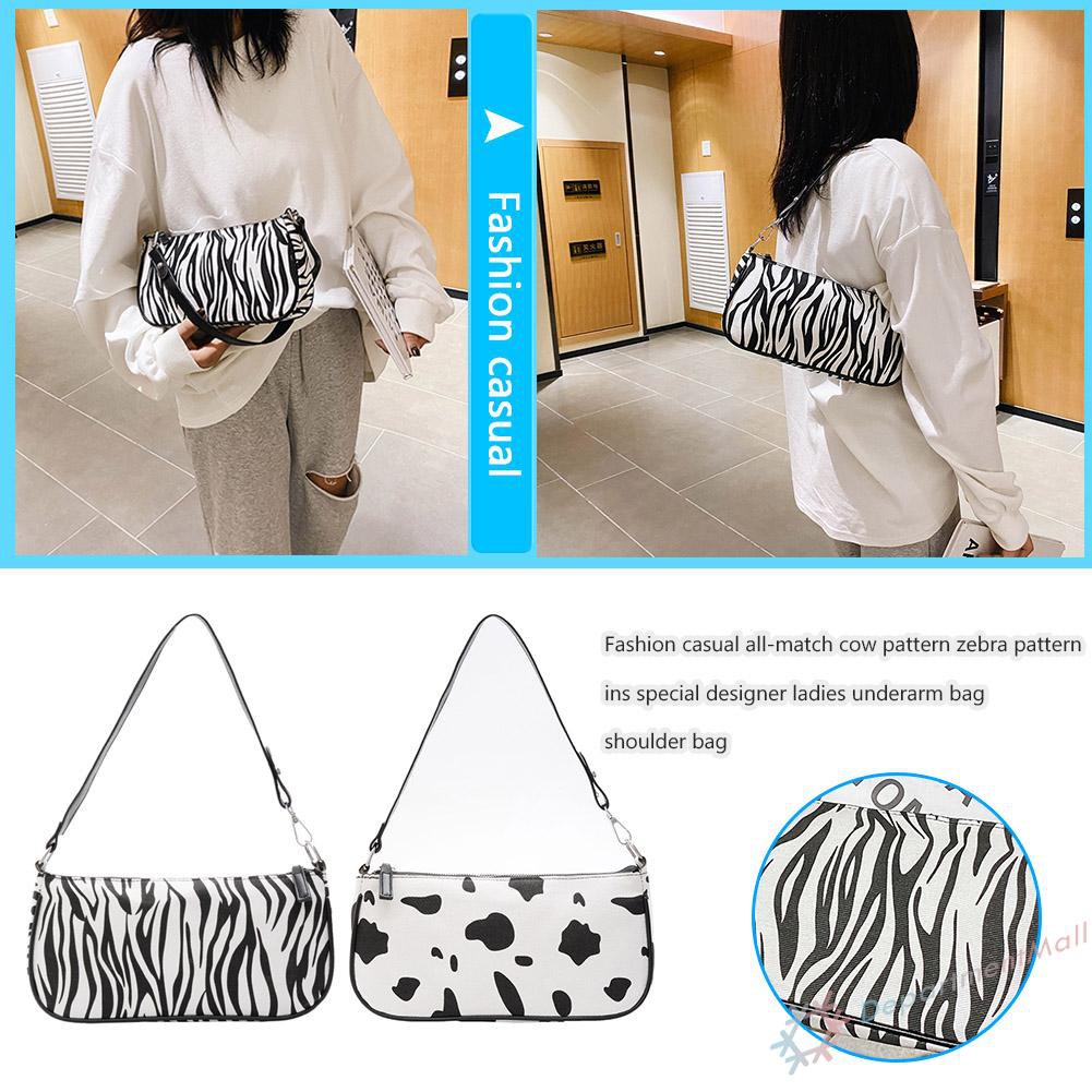 【High Quality】Fashion Cow Zebra Print Women Handbag Female Zipper Shoulder Underarm Bag