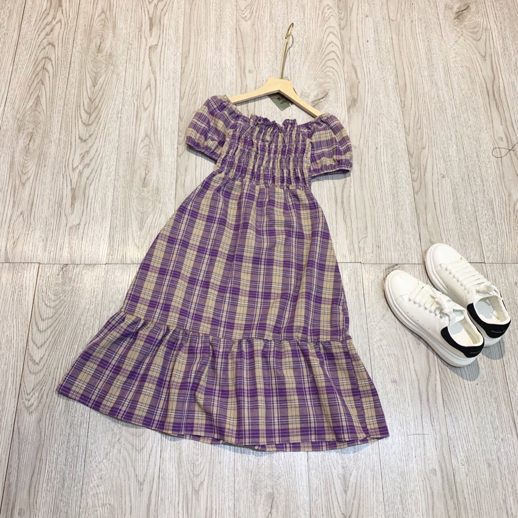 VÁY KẺ TÍM TRỄ VAI ĐUÔI CÁ CHO NỮ - ĐẦM MAXI CARO CỔ VUÔNG MÀU TÍM ULLZANG | BigBuy360 - bigbuy360.vn