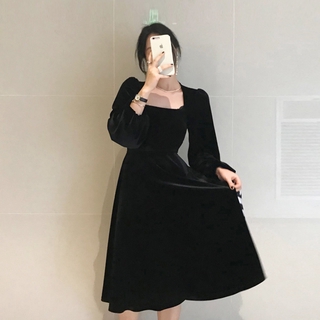 【Available COD】 - -Little Black Dress With Retro Hepburn Style Square Collar And Tight Waist Velvet Little Dress For Lady Uj