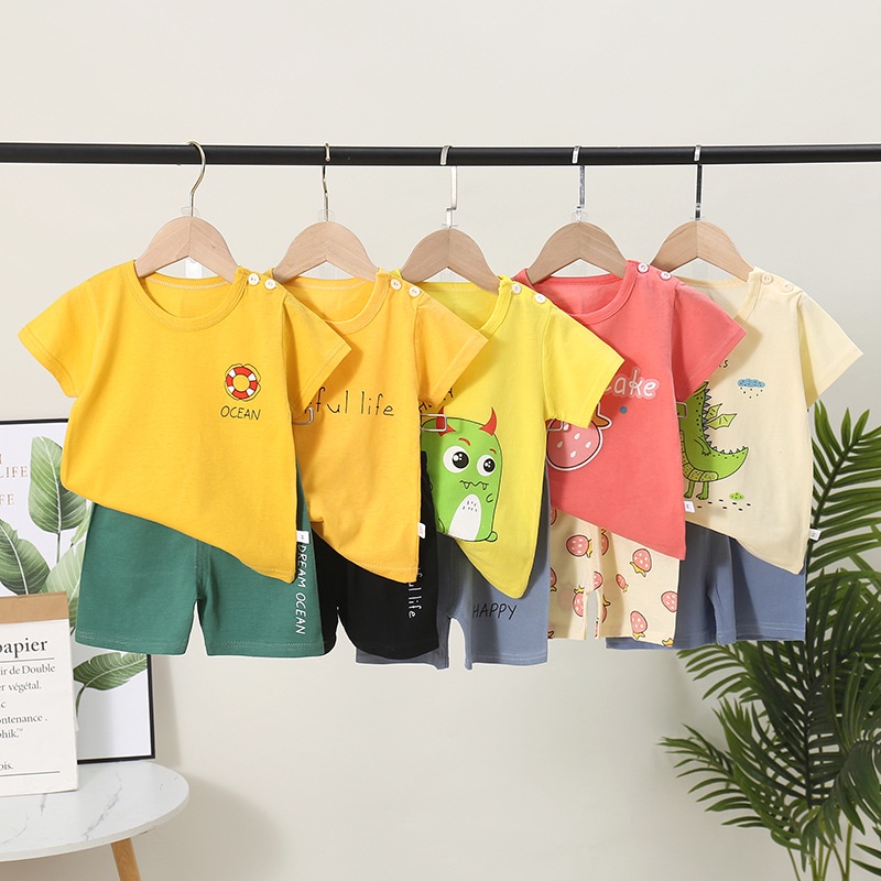 Bộ Đồ Áo Thun Cotton Tay Ngắn In Họa Tiết Hoạt Hình Dành Cho Bé 1-7 Tuổi