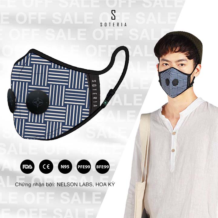 Khẩu trang tiêu chuẩn Quốc Tế SOTERIA Blueline ST011 - Bộ lọc N95 BFE PFE 99 lọc đến 99% bụi mịn 0.1 micro- Size S,M,L