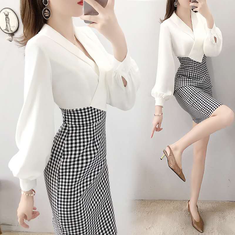(N046) Đầm công sở kẻ caro tay áo dài bo chun cổ vạt chéo siêu hot tôn dáng thời trang màu sắc hài hòa cá tính năng động