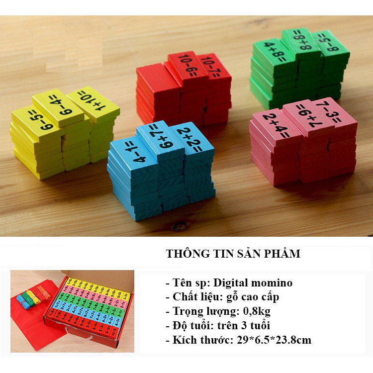 Bộ đồ dùng học toán DOMINO - 110 quân bằng gỗ, kèm que tính [Domino toán học - Ghép hình - Bộ xếp hình cho bé]