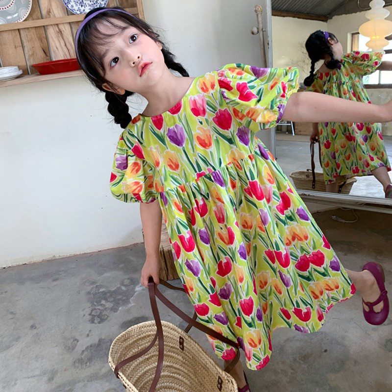 Đầm Công Chúa Phồng Cổ Tròn In Họa Tiết Hoa Tulip Phong Cách Hàn Quốc Thời Trang Mùa Hè Cho Bé Gái