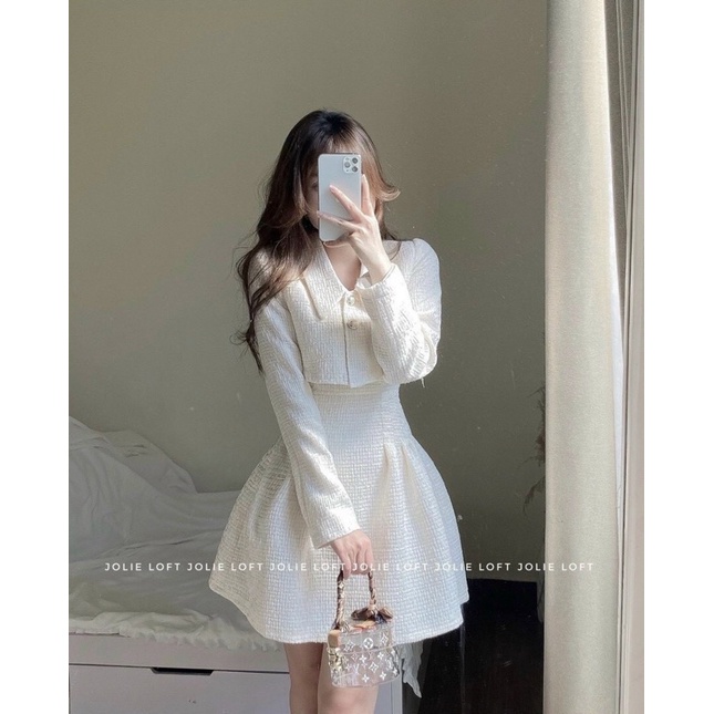 SET ĐẦM ỐNG DẠ TRẮN BỐ+ KHOÁC CROP ĐÍNH NÚT✨