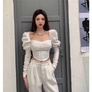 Áo dài tay cổ vuông tay bồng cúp ngực