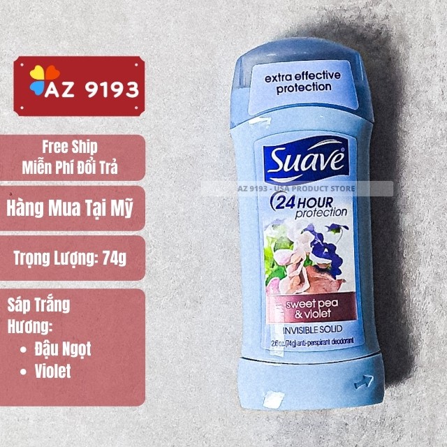 [Hàng Mỹ] Lăn Khử Mùi Nữ SUAVE, 74g, Dạng Sáp - Ngăn Mùi Cơ Thể Suốt 24h, Hương Thơm Tự Nhiên, Khô Thoáng - Az 9193