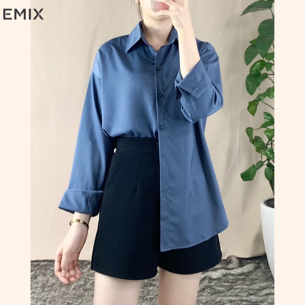 Áo sơ mi nữ form rộng cơ bản EMIX (5 màu), ulzzang, dài tay, vải lụa mềm mại, dày dặn, không nhăn