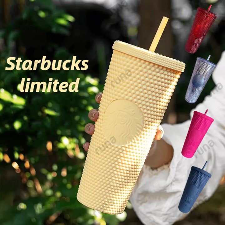 【Limited】ins style Reusable Starbucks Tumbler straw cup Frosted Durian Series Diamond Studded Cup Starbucks cup Silver Plaid Grid Pattern Shinning Diamond @RUNA