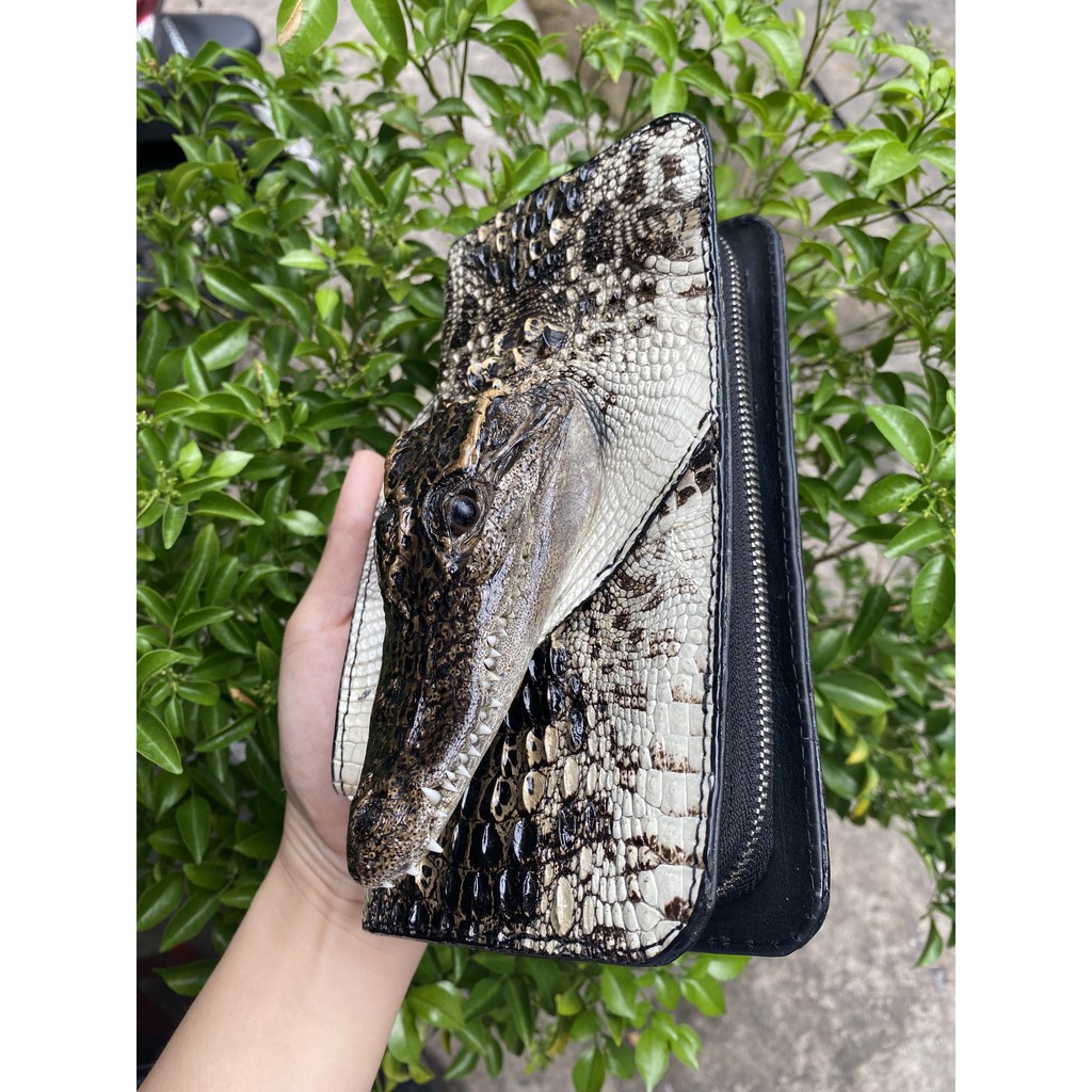 VÍ CẦM TAY ĐẦU DA CÁ SẤU MÀU NGUYÊN THỦY THẬT 100% 2 DÂY KÉO 22X12CM