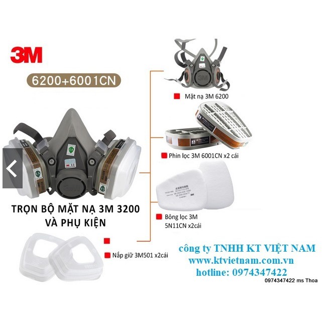 Trọn bộ mặt nạ phòng độc 3M 6200 full 7 chi tiết gồm 1 mặt nạ + 2 phin lọc 3M6001 + 2 bông lọc + 2 nắp lọc