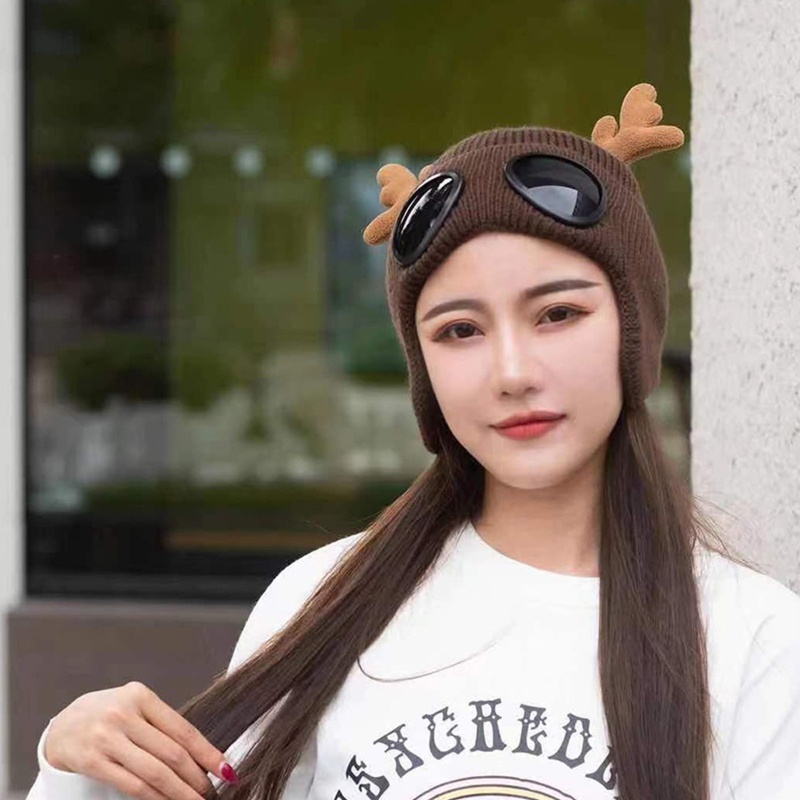 Mũ beanie Dệt Kim Tích Hợp Kính Bảo Vệ Tai Màu Sắc Trơn Dành Cho Trượt Tuyết