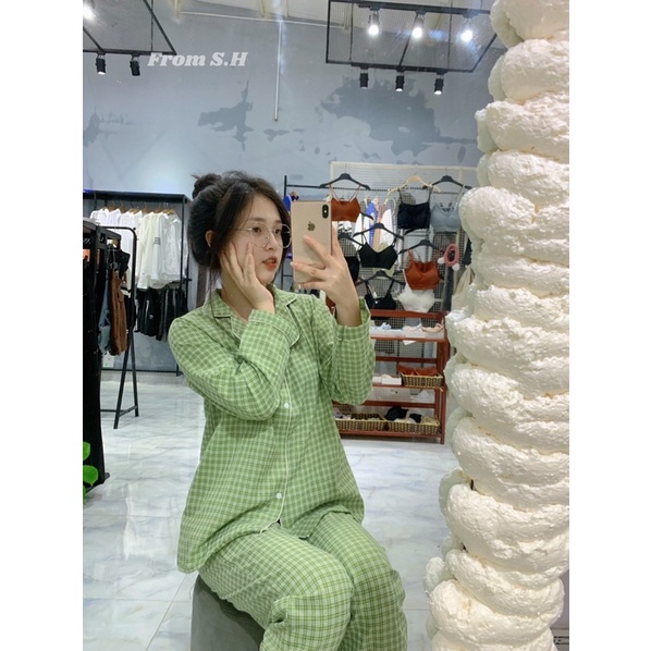 Bộ Pijama Chất Đũi Kẻ Áo Dài Quần Dài Mặc Nhà Nữ Siêu Xinh
