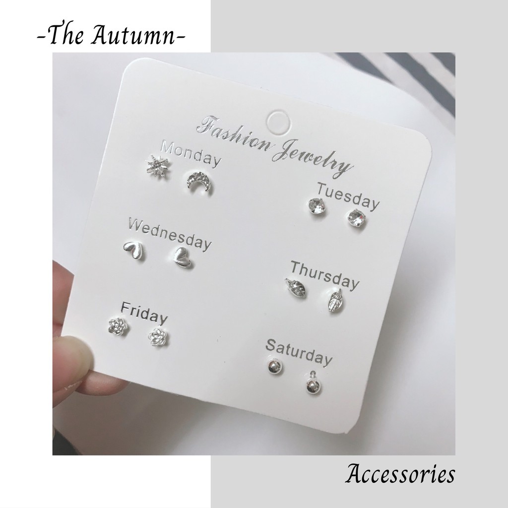 Set 6 đôi khuyên tai mạ bạc đính đá pha lê đơn giản dễ thương phong cách Hàn Quốc cho nữ - The Autumn Accessorie