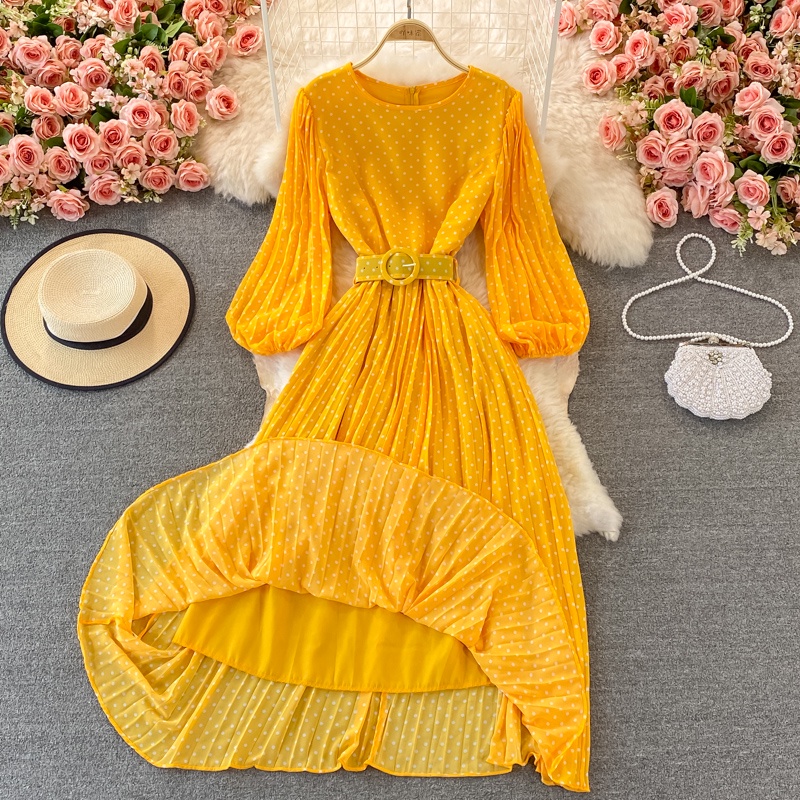 #1421   Đầm tay dài hoạ tiết chấm bi 5 màu có 2 lớp chất voan lụa kè belt thắt eo freesize