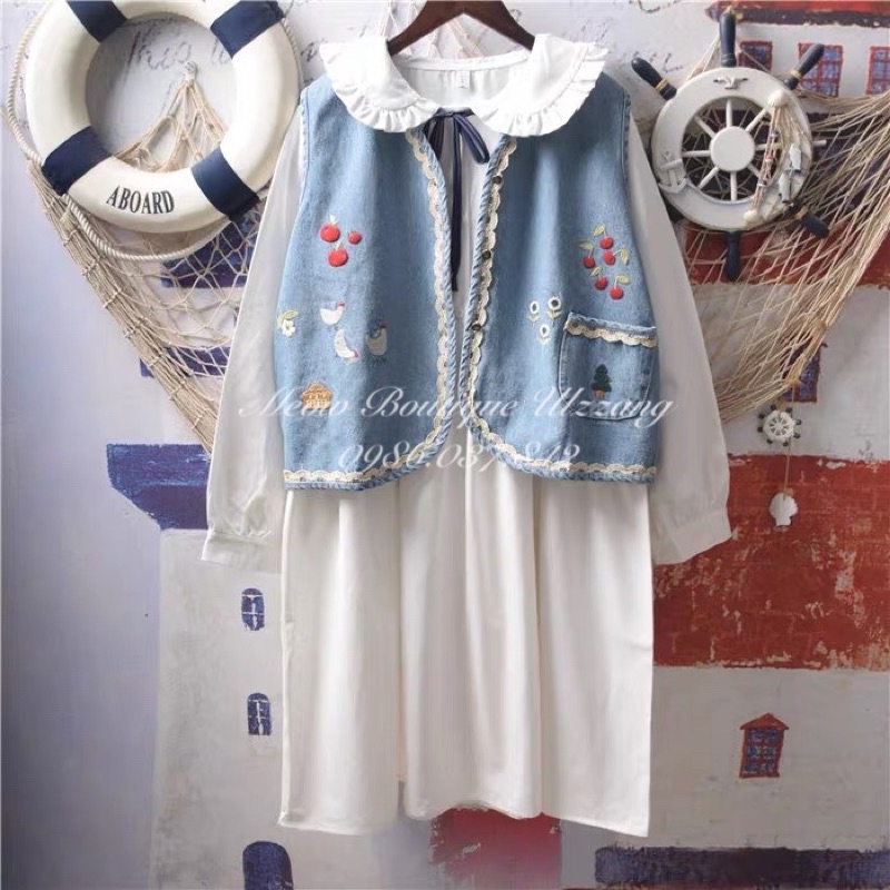 Áo gile jeans thêu đáng yêu viền ren có túi trước phong cách ulzzang retro kèm ảnh thật