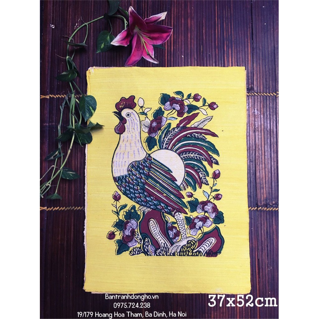 Tranh Đông Hồ Gà trống hoa hồng