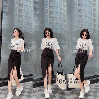Set áo thun + chân váy rút xẻ tà
