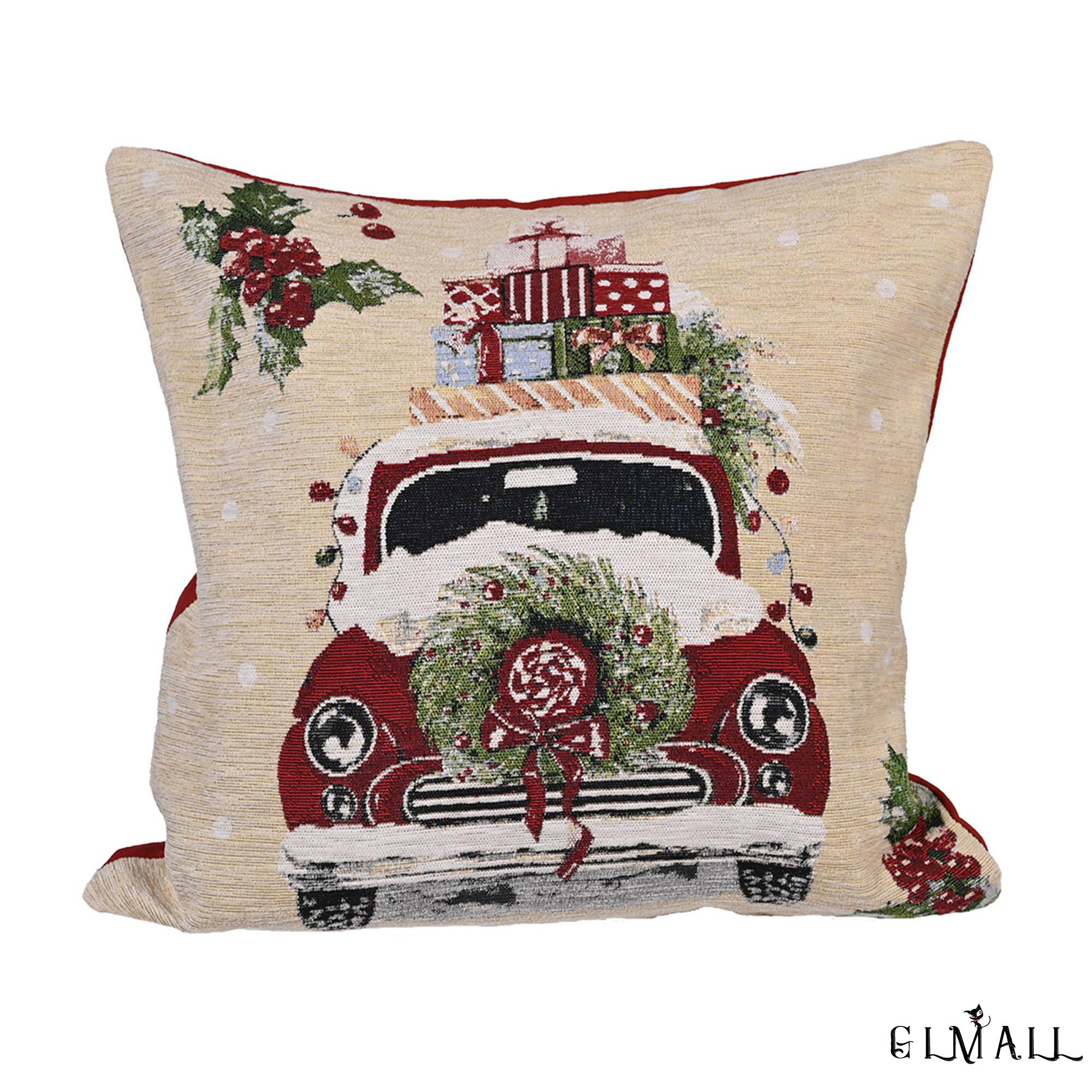 GML-Christmas Pillow Covers, Farmhouse Reindeer Truck Red Berries Letter Print Throw Cushion Covers for Sofa, Couch, Bed