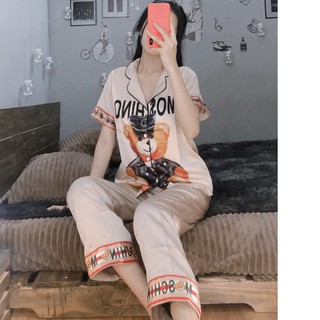 [HOT] Đồ bộ nữ pizama vải lụa Satin cao cấp tay ngắn quần dài ống rộng in hình gấu. Mặc hè đi chơi, ở nhà, ngủ rất mát.