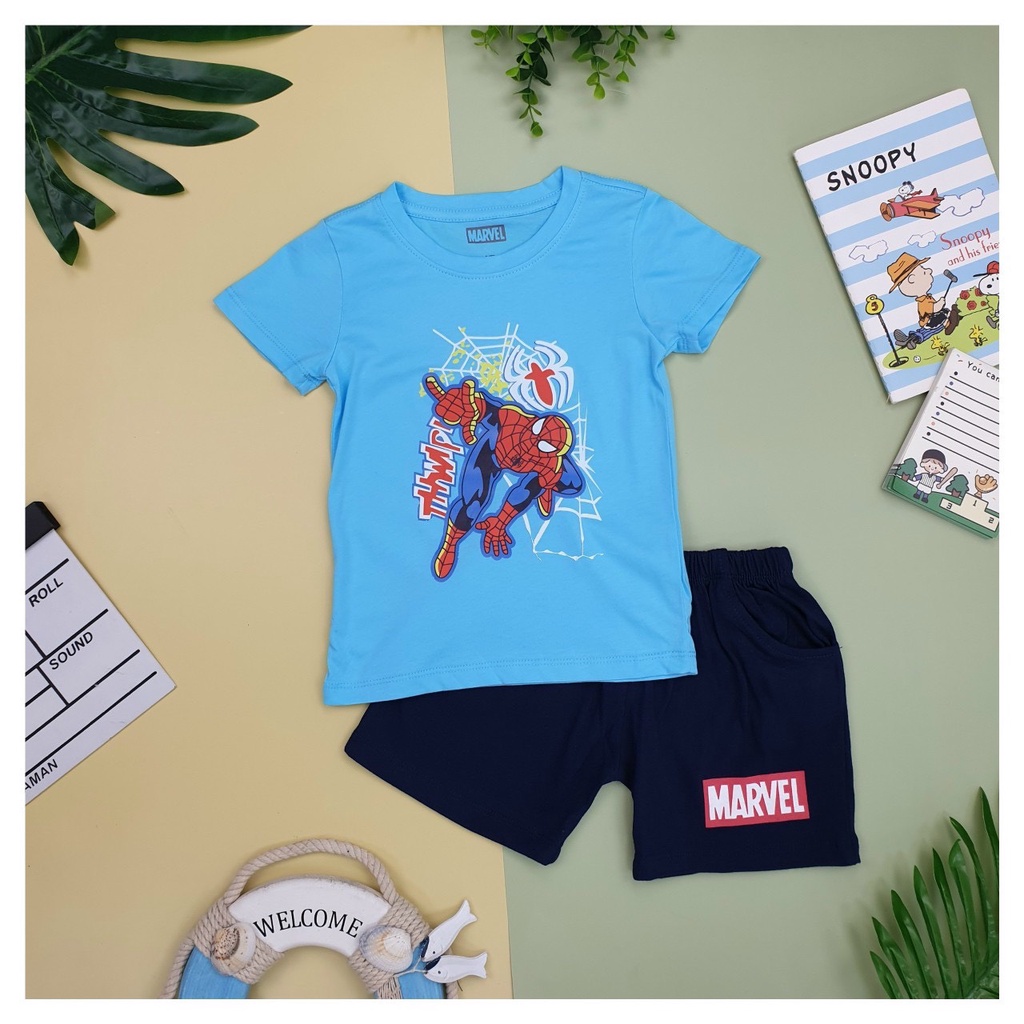 Bộ ngắn tay bé trai hình siêu nhân chất cotton xuất dư size 11-23kg