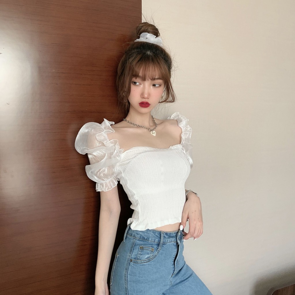 Áo croptop tay bồng xinh xắn nhẹ nhàng thiếu nữ mùa hè_áo xinh ulzzang áo kiểu