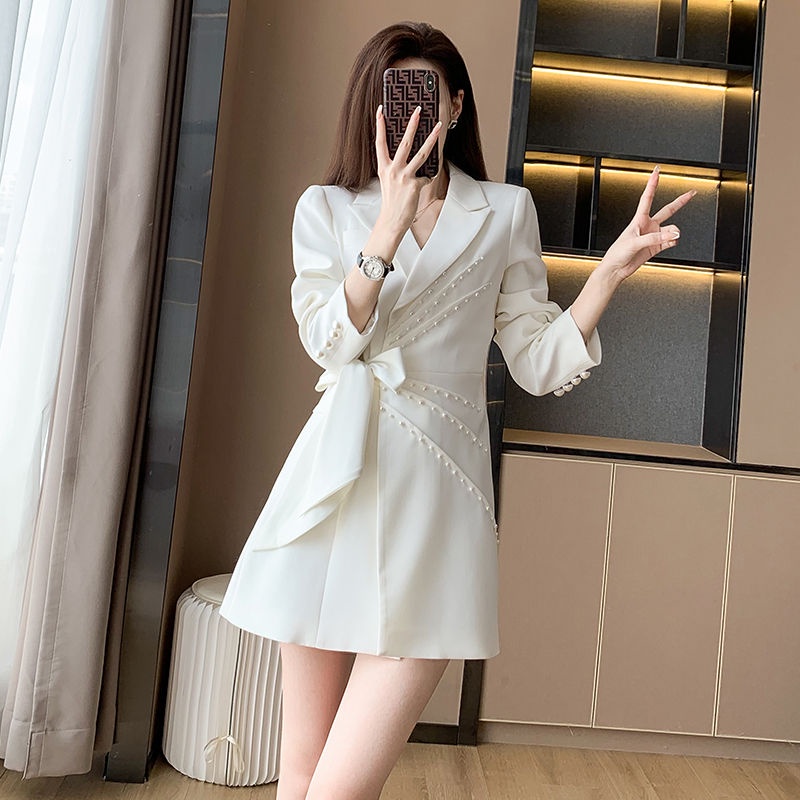 New High-quality Temperament Long-sleeved Suit Dress for Women, Simple Long-sleeved White Dresss