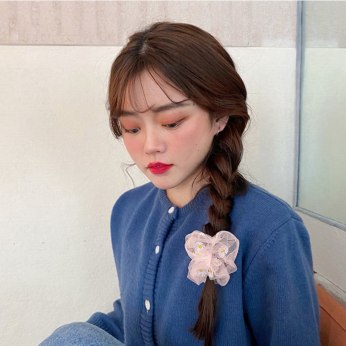 Scrunchies Cột Tóc Vải Voan Lưới Hoa Cúc Daisy và Lá Hot Trend Đáng Yêu