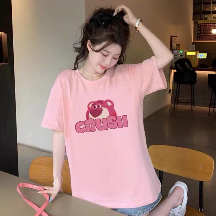 Áo Thun Cotton Tay Lửng Họa Tiết Gấu Và Dâu Tây Dễ Thương Cho Nữ