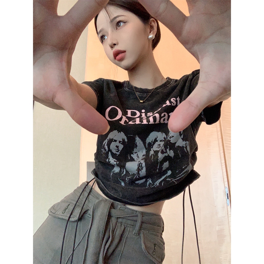 QKOOLE Áo croptop tay ngắn cổ tròn in họa tiết phong cách Hàn Quốc cho nữ