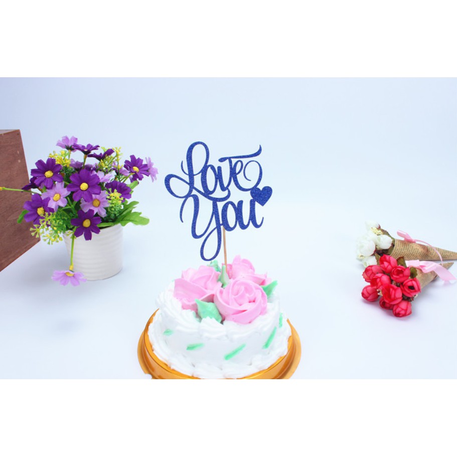 Túi 10 chiếc topper nhũ chữ Love You trang trí bánh sinh nhật, topper cake