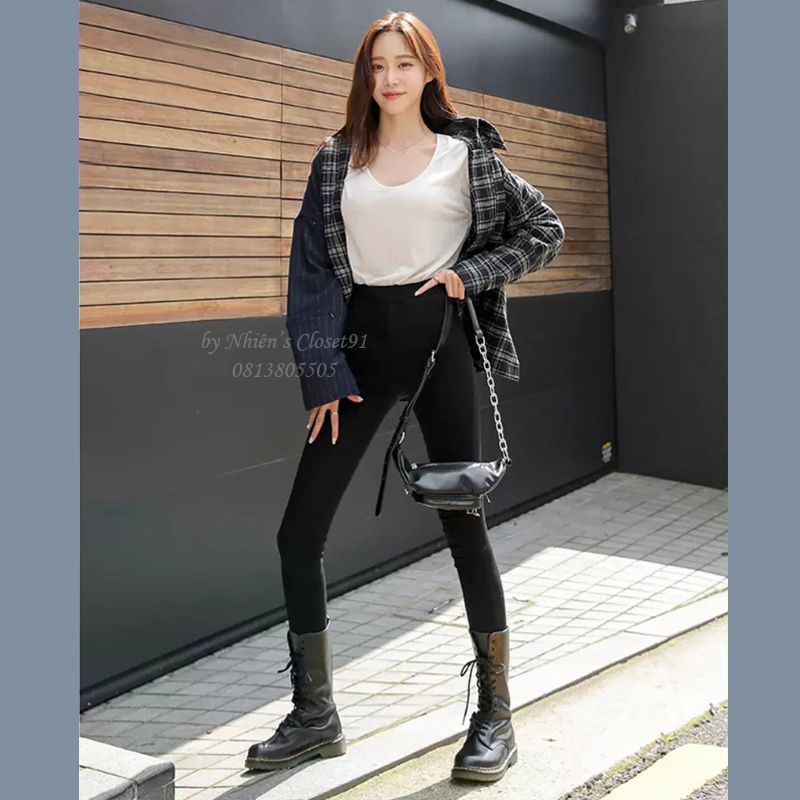 Quần legging nữ dài cạp cao gen bụng màu đen chất Umi dày dặn co dãn có túi khoá trước 1 khuy dáng tregging nâng mông | BigBuy360 - bigbuy360.vn