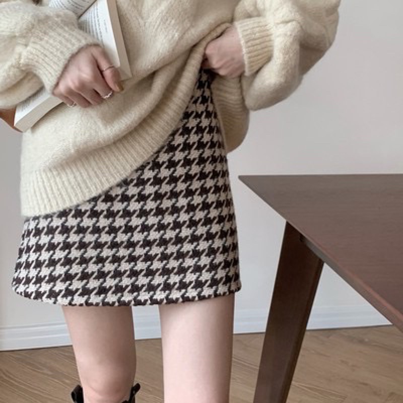 (ORDER) Chân váy len dạ dáng chữ A hoạ tiết houndstooth có lớp lót màu nâu có size phong cách Hàn Quốc | BigBuy360 - bigbuy360.vn