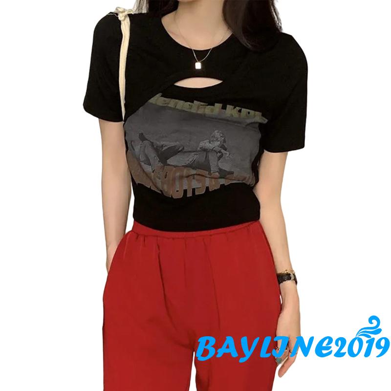 Áo Thun Lửng Tay Ngắn Cổ Tròn In Họa Tiết Chữ Cá Tính Dành Cho Nữ