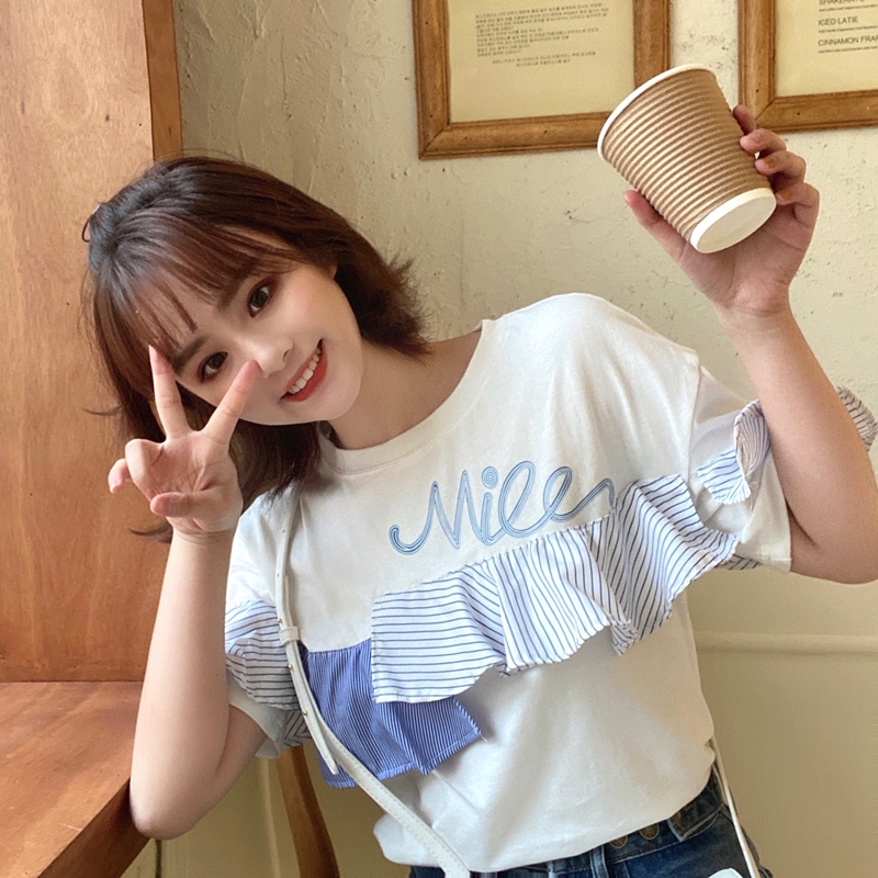 SUXI Áo Thun Tay Ngắn Cổ Tròn Phối Bèo Phong Cách Hàn Quốc Cho Nữ