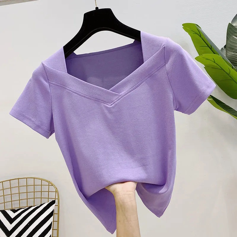 Áo Thun Cotton Tay Ngắn Cổ Chữ V Màu Sắc Trơn Phong Cách Hàn Quốc Dành Cho Nữ