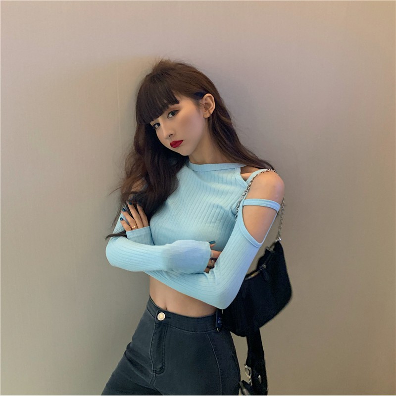 Áo thun tay dài trễ vai dây hở vai croptop ôm body cổ tròn ulzzang ( 4 màu )