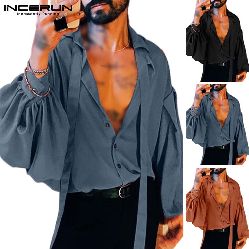 Áo sơ mi INCERUN tay dài phồng dáng rộng phối ruy băng phong cách xuân thu cho nam