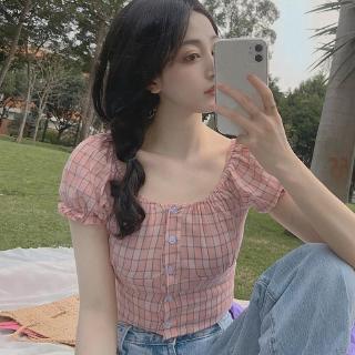 Áo kiểu tay ngắn cổ vuông họa tiết sọc phối nút cho nữ