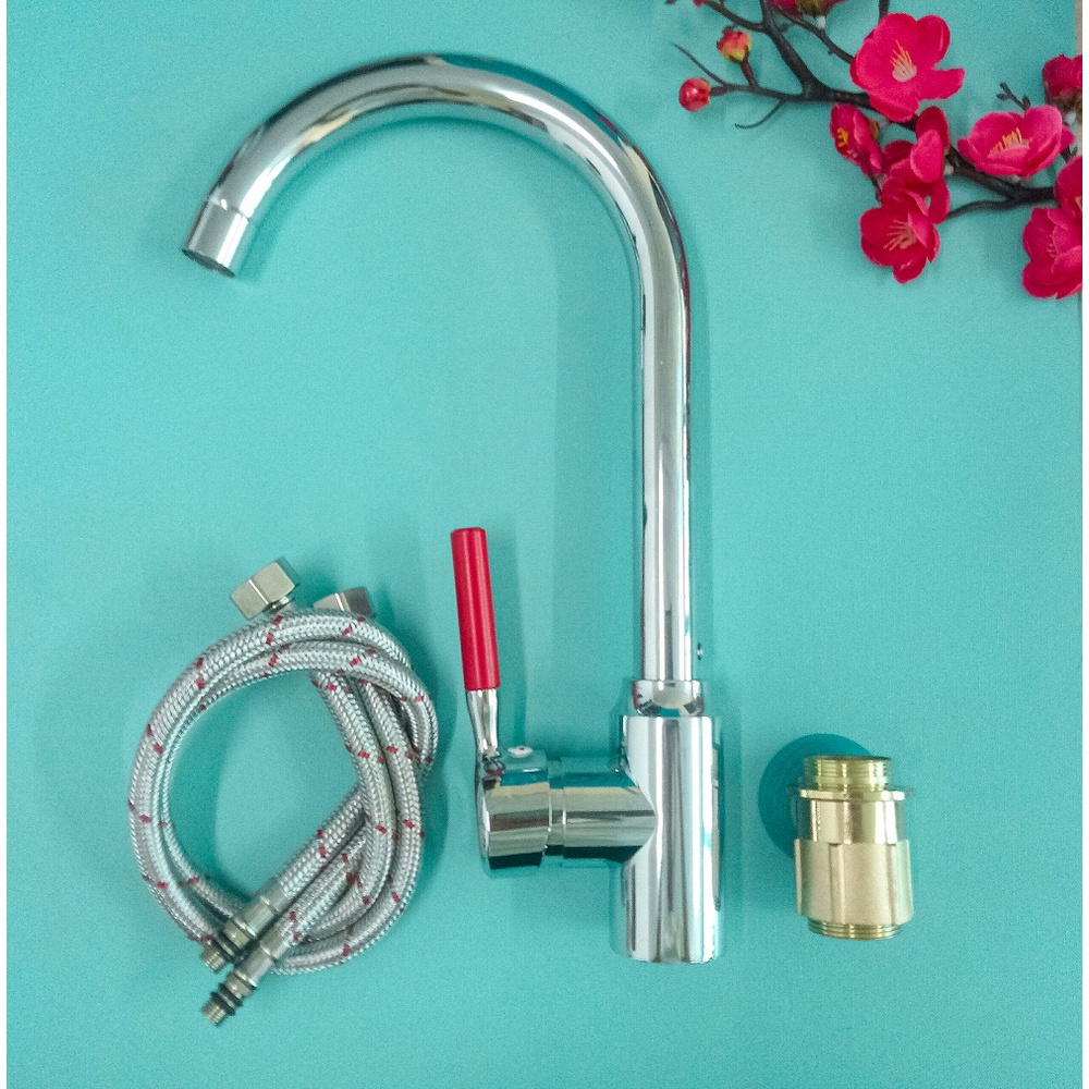 (Kèm dây cấp nước NL) Vòi rửa chén bát nóng lạnh inox bóng cần cứng cắm chậu cổ bi xoay 360 độ cần gạt tròn Đỏ