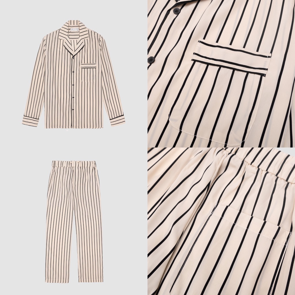 Set đồ ngủ lụa cao cấp UNCLÉ Beige Stripes Pyjama