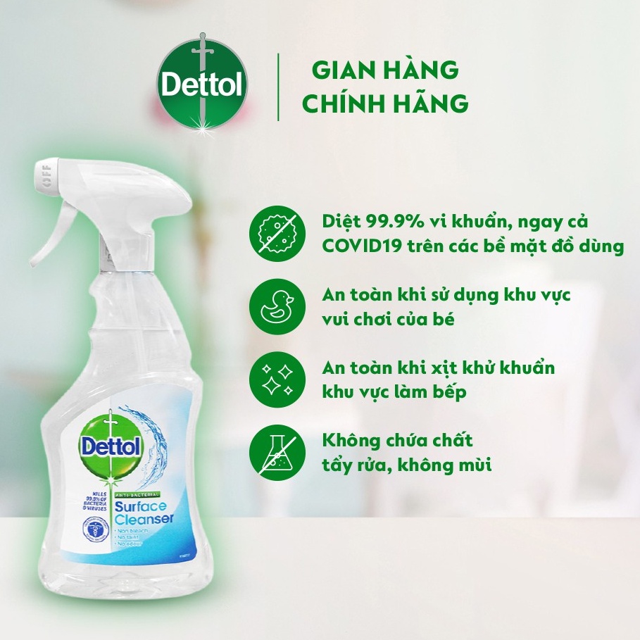 Chai xịt vệ sinh bề mặt kháng khuẩn Dettol 500ml | Diệt khuẩn hiệu quả đến 99.9% | An toàn cho thú cưng và con người