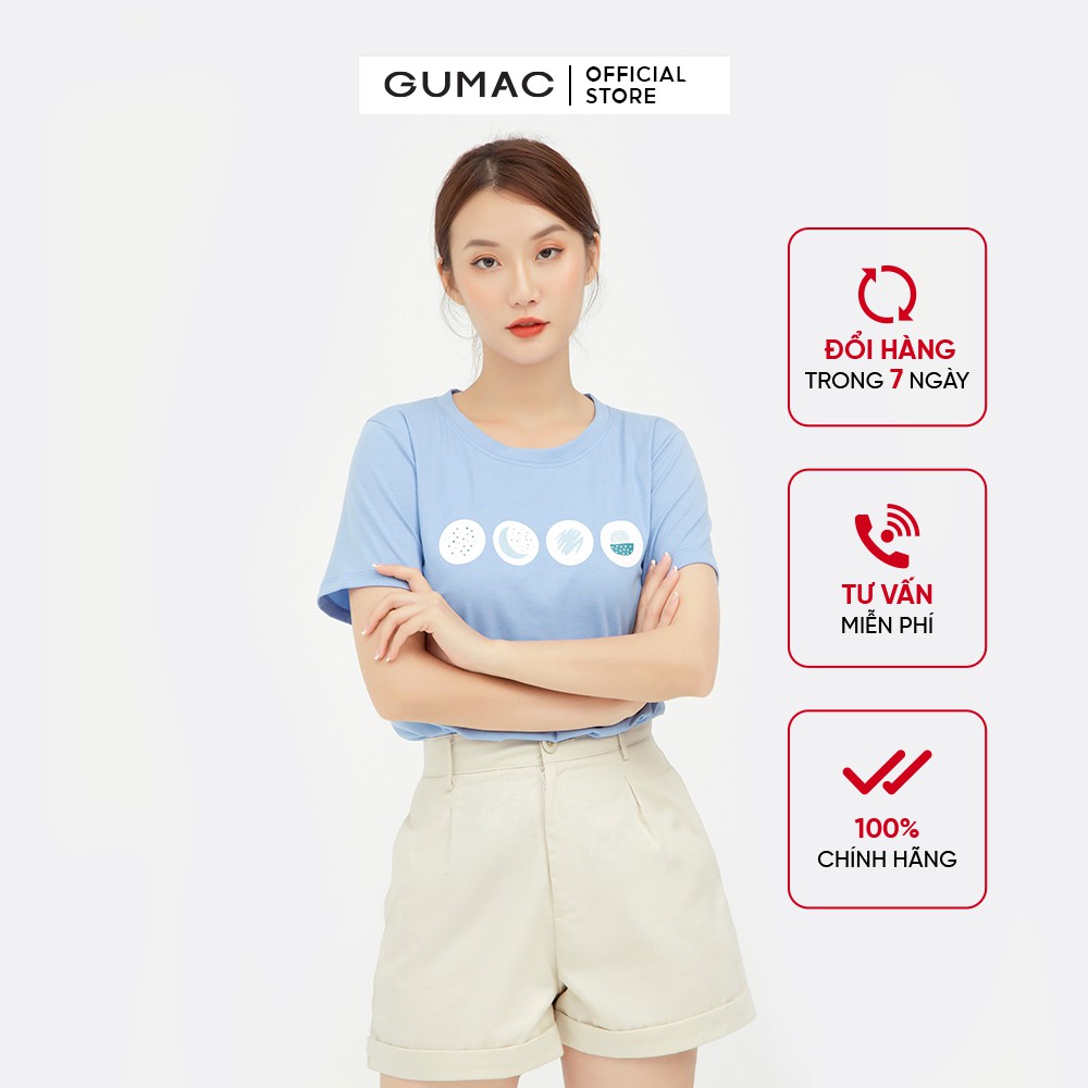 [Mã MABR07062 giảm 8% tối đa 50K đơn từ 249K] Áo thun nữ basic in họa tiết GUMAC màu xanh, tay ngắn năng động ATB553