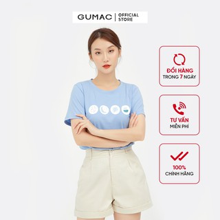 Áo thun nữ basic in họa tiết GUMAC màu xanh, tay ngắn năng động ATB553